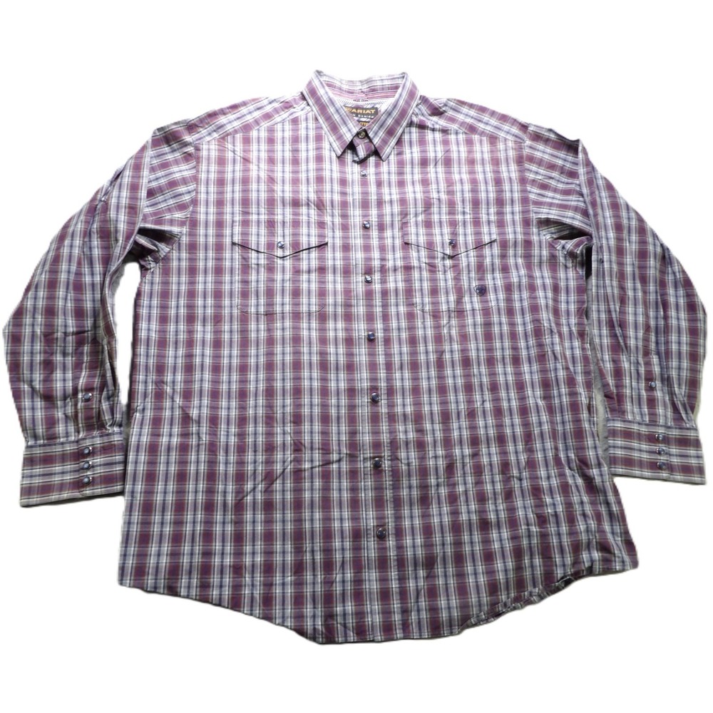 Ariat Pro Series Men XXL Plaid Long Sleeves Western Shirt Purple Snap Button Up